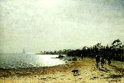 Eugene Jansson kustlandskap med figurer och hund pa sandstrand oil painting on canvas